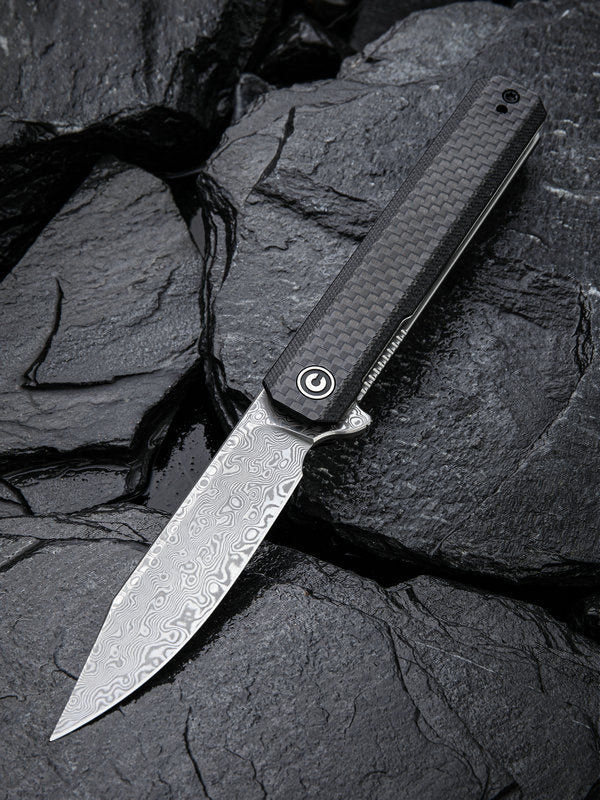 We Knife - CIVIVI Chronic Liner Lock Flipper G10 Twill CF Overlay/ Damascus Knife