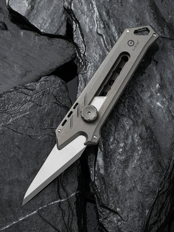 We Knife - CIVIVI Mandate Gray Stonewash Titanium Utility Knife( Damascus Blade)
