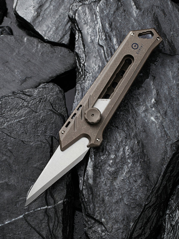 We Knife - CIVIVI Mandate Bronze Stonewash Titanium Utility Knife (Damascus Blade)