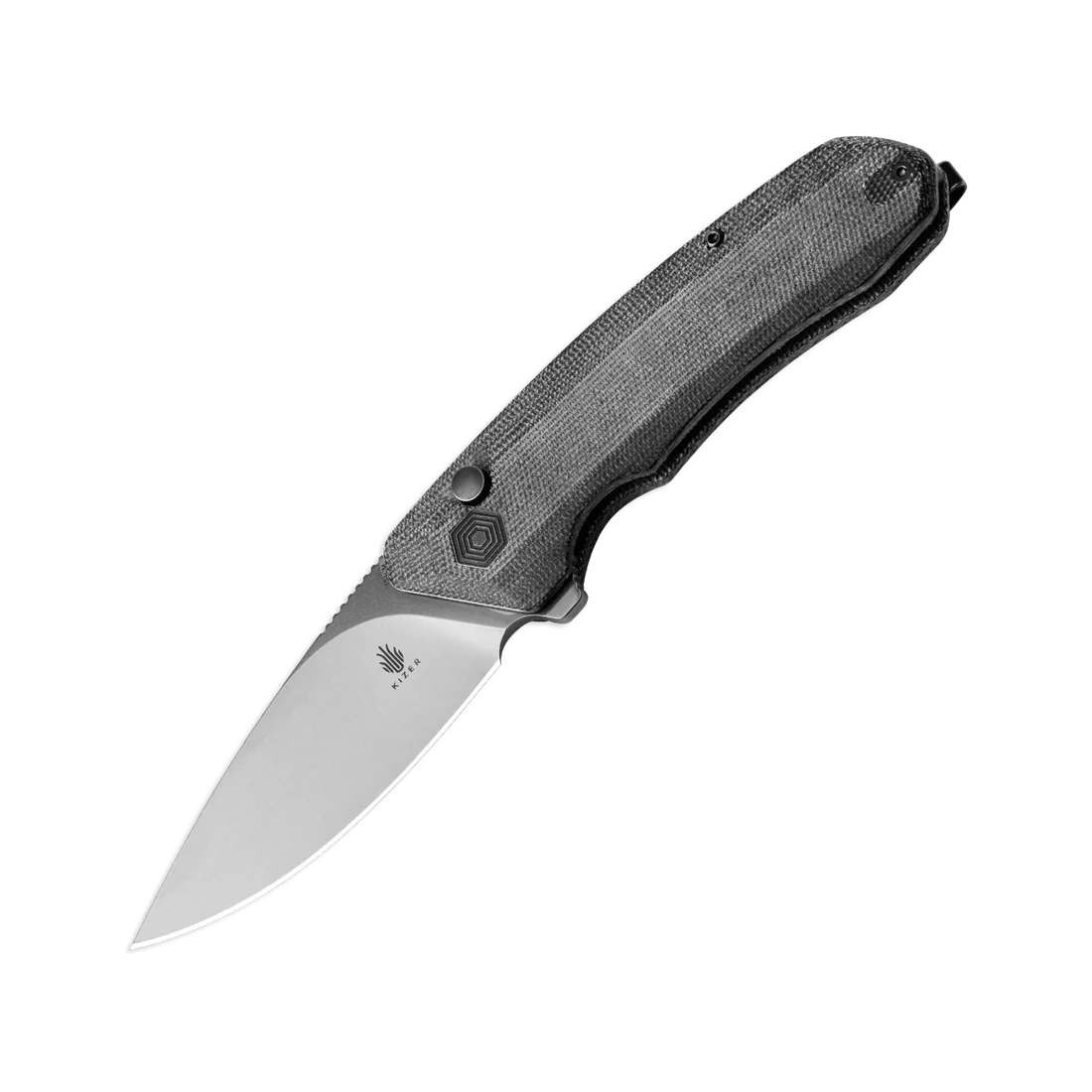Kizer V3602C1 Vanguard Invictus Button Lock Flipper Stonewashed Blade with Black Micarta Handles