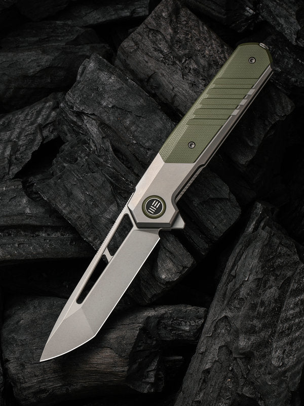 We Knife - 20073-1 Arsenal Frame Lock Stonewash Blade with Gray Ti Handle/ OD Green G10 Spacer