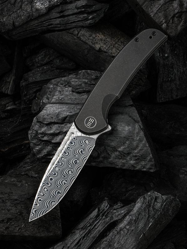 We Knife 20061B-DS1 Beacon Knife Hakkapella Damasteel Blade with Black Titanium Handles