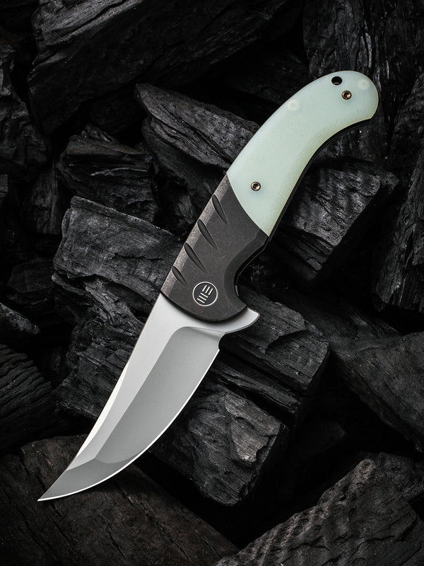 We Knife -20012-3 Curvaceous Black Titanium Handle/ Natural G10 Inlay Flipper with Silver Bead Blasted Blade
