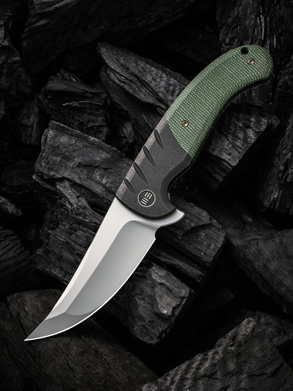We Knife -20012-2 Curvaceous Black Titanium Handle/ Green Micarta Inlay Flipper with Silver Bead Blasted Blade
