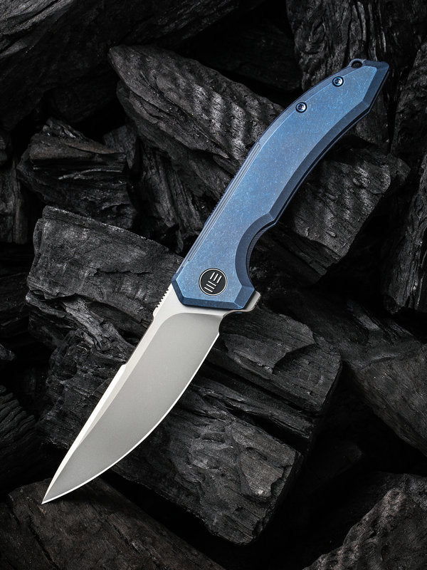 We Knife -21016-3 Quixotic Blue Titanium Handle Flipper with Silver Bead Blasted Blade