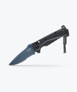 Benchmade 18065SBT-01 Mini Adira AXIS Lock Folder Partially Serrated Drop Point Blue Cerakote CPM-Magnacut Blade with Tempest Gray Grivory Handles
