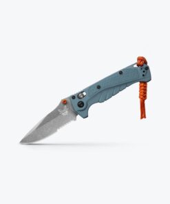 Benchmade 18065S Mini Adira AXIS Lock Folder Partially Serrated Drop Point Stonewash CPM-Magnacut Blade with Depth Blue Grivory Handles