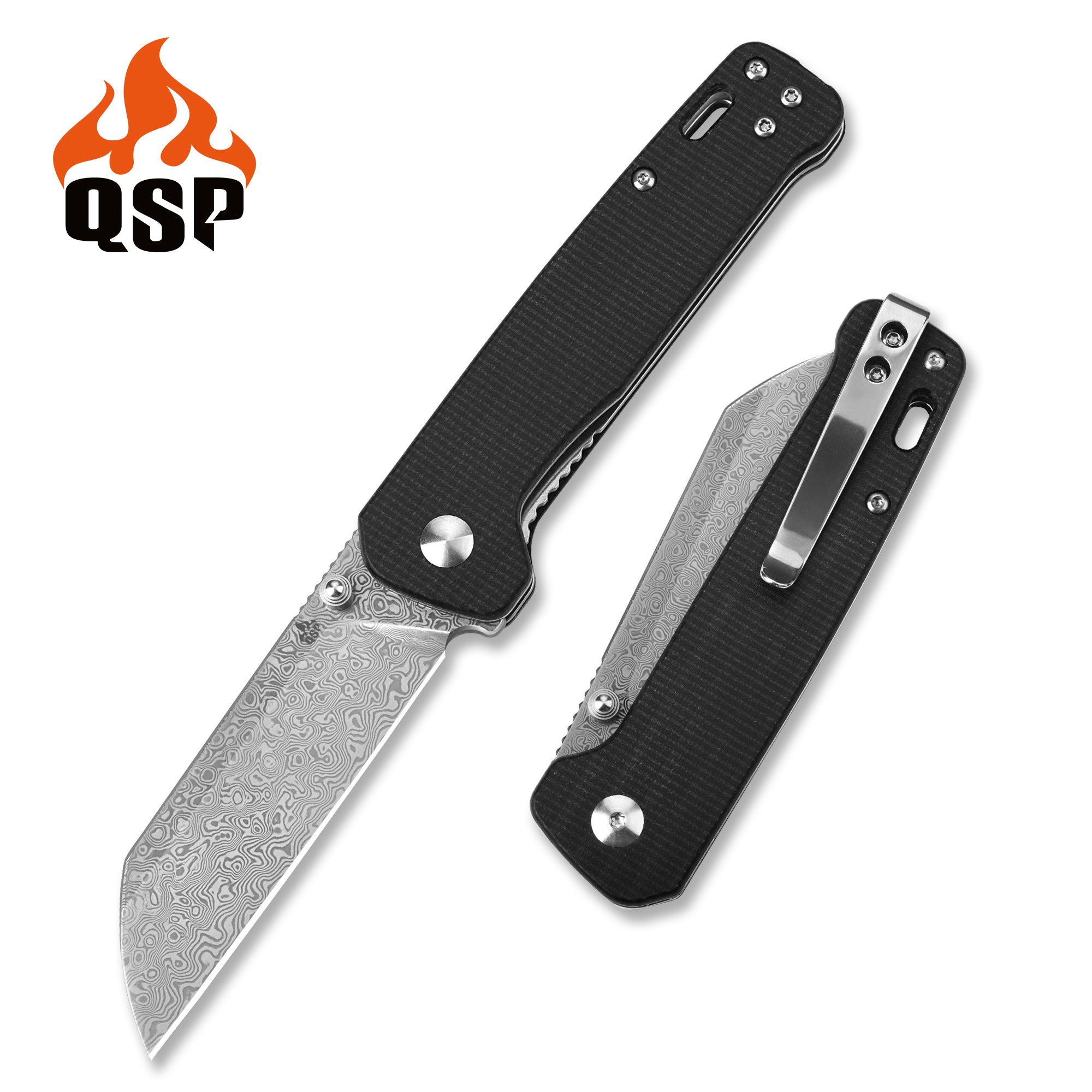 QSP Penguin QS130 Exclusive Black Linen Micarta with Wave Pattern Damascus Steel Blade