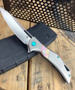 Olamic Cutlery Custom Swish Elmax Satin Blade with Fedokume Stripe Inlay/Green Accents