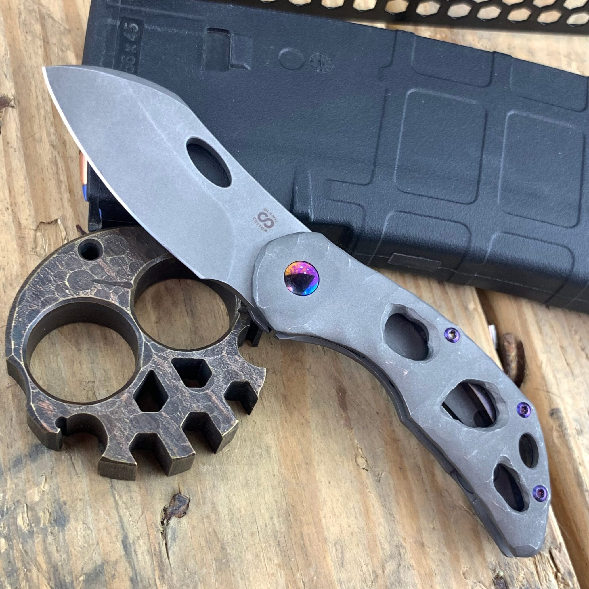 Olamic Cutlery Custom Busker 365 M390 Large Stonewash Blade/ Rocks with Funky Holes and Entopic Accents