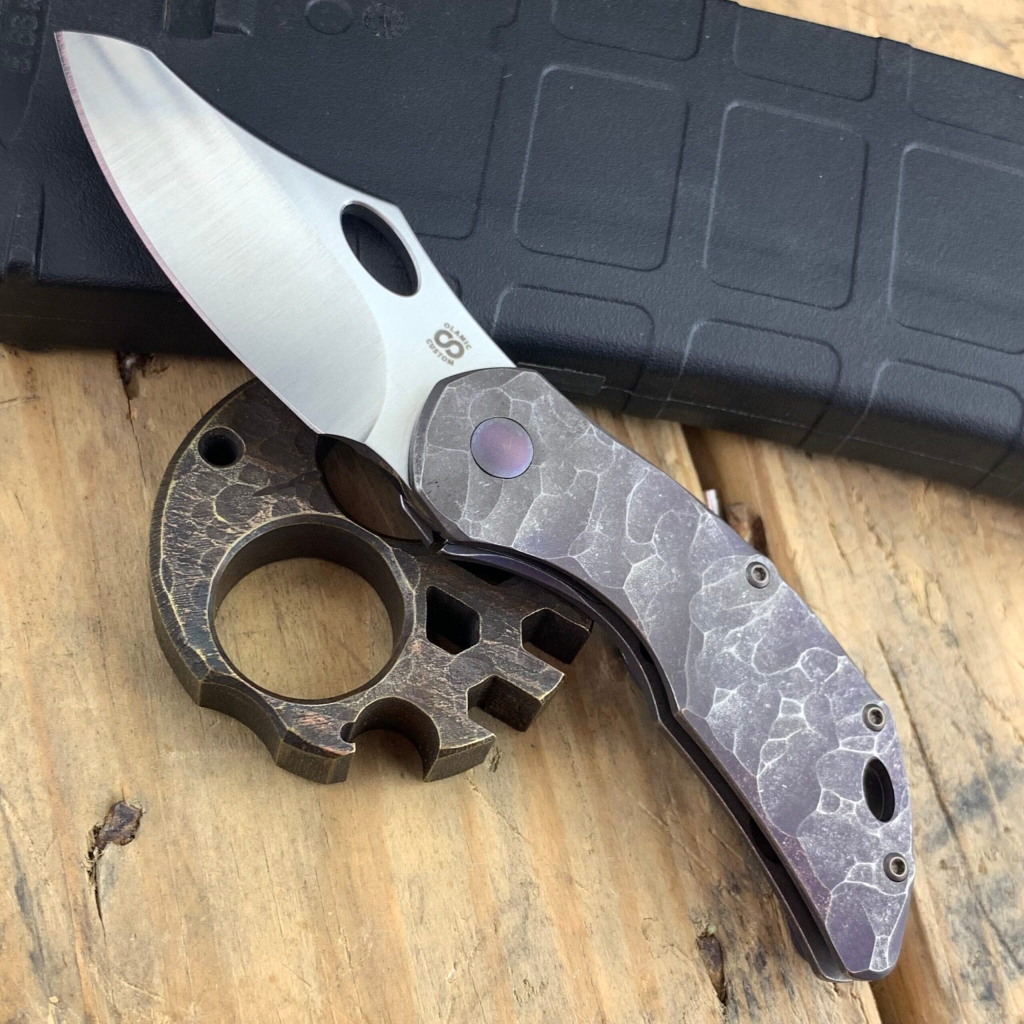 Olamic Cutlery Custom Busker 365 M390 Semper Satin Blade/ Rocks with Deep Purple Wash