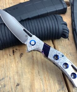 Olamic Cutlery Custom Swish Elmax Slicer Blade with Timascus Stripe Inlay/Blue Accents/Frosty Handle