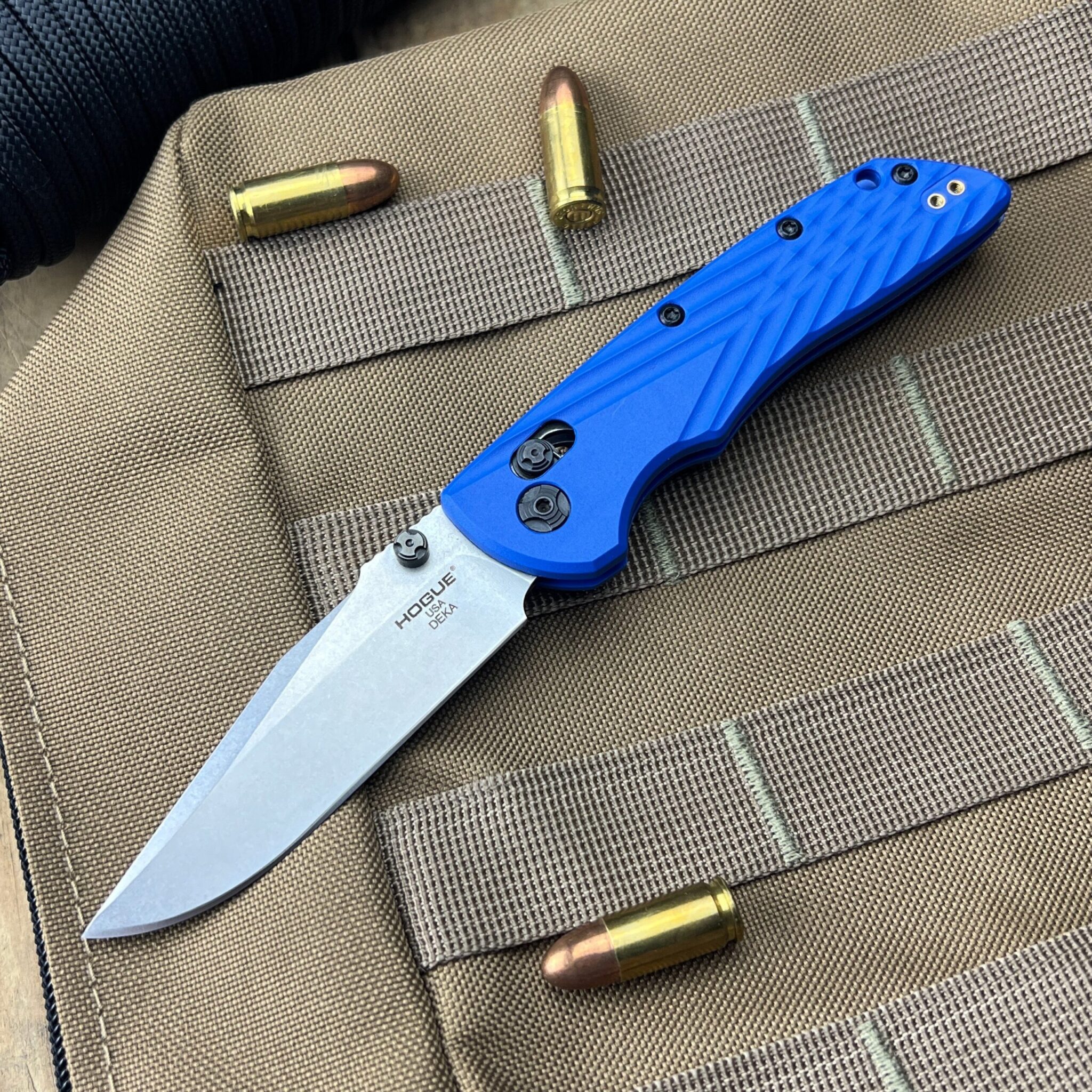 Hogue HOGK24373 Deka ABLE Lock™ Folder Clip Point Blade Tumbled Finish with Blue Polymer Handles