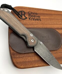 Chris Reeve Knives Large Sebenza 31 Drop Point Boomerang Damascus LH Natural Canvas Micarta Inlay/DOUBLE SILVER Lug