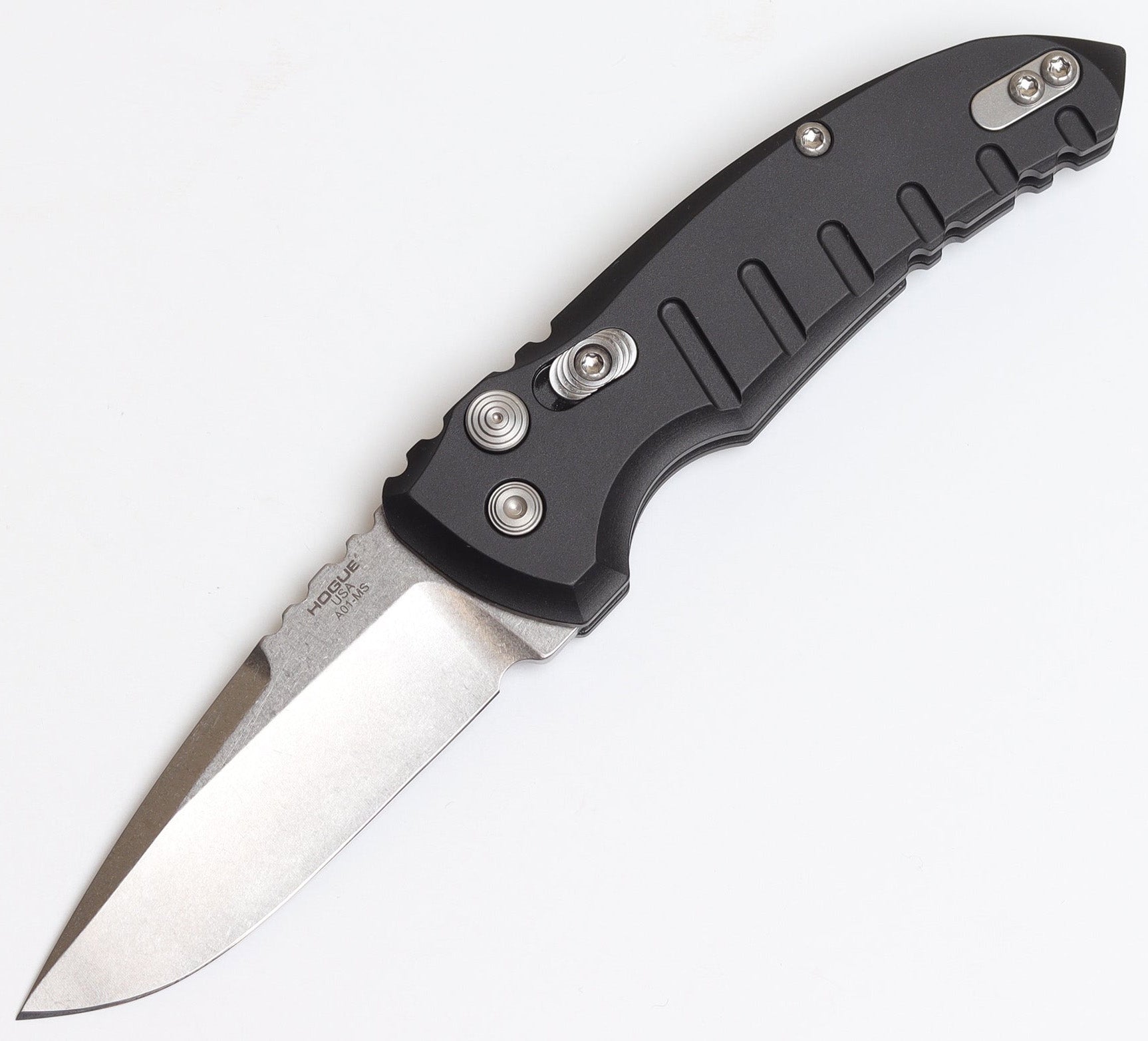 Hogue HOGK24110 A01-Microswitch Automatic Folder Tumbled Drop Point Blade with Matte Black Aluminum Frame