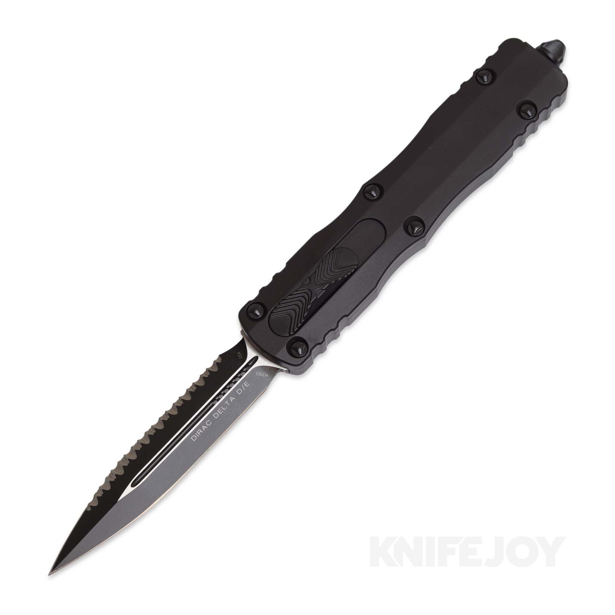 MICROTECH 227-3T Dirac Delta OTF Auto Double Edge Tactical Serrated Blade with Black Aluminum Handles