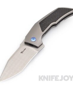 Reate Tashi Bharucha T3000 Flipper Knife Satin Recurve Tanto Blade with Grey Titanium/ Carbon Fiber Inlay/ Blue Screws Handles