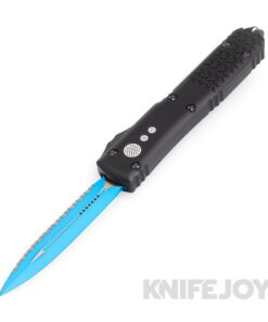 MICROTECH 122-3JK Ultratech OTF Auto Double Edge JK Blue Full Serrated Blade with Black Aluminum Handles