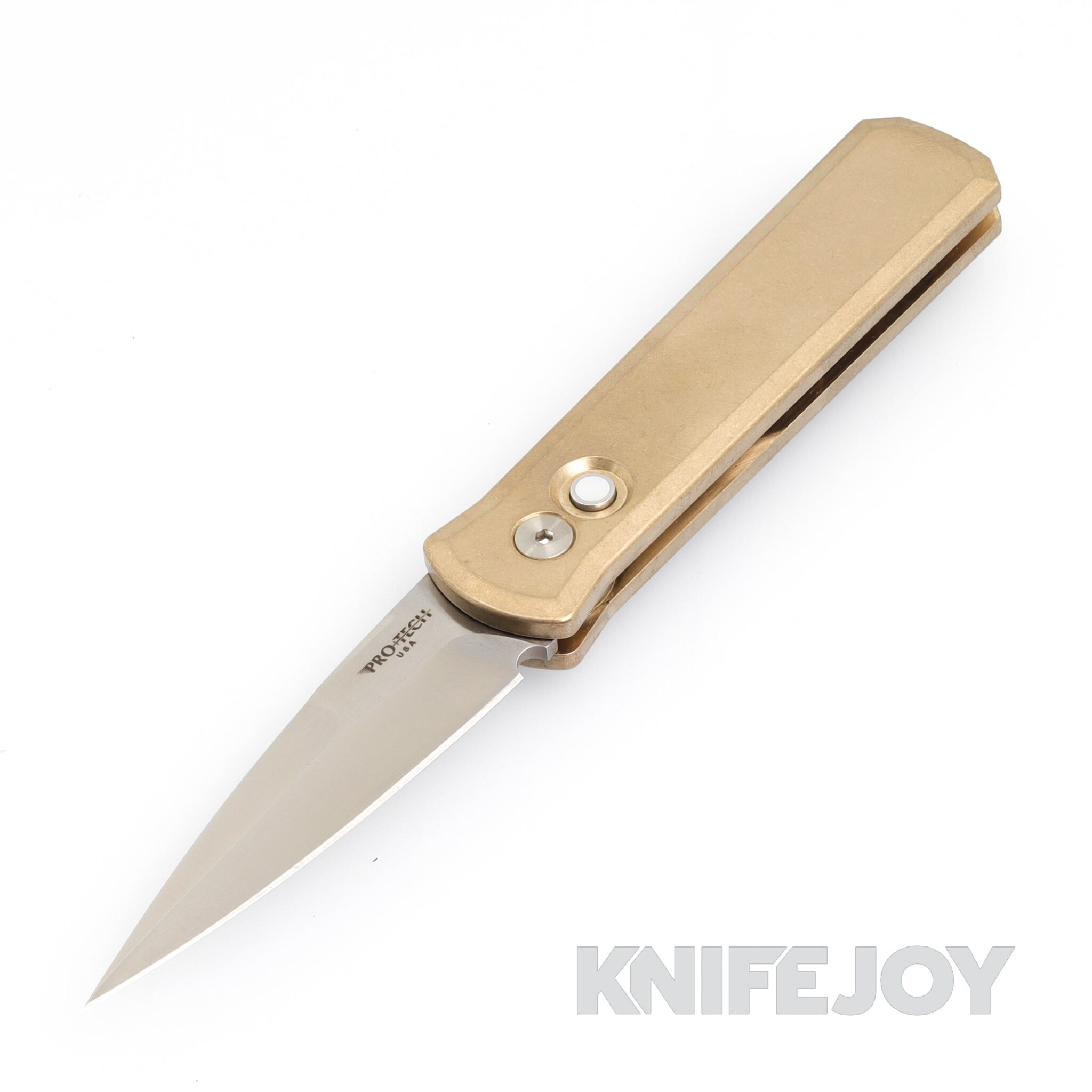 Pro-tech Knives 7110 GODSON Limited Satin Plain Edge Blade with SW Solid Bronze Aluminum Handle/ MOP Button/ Satin Hardware/ Bronze Ti Clip