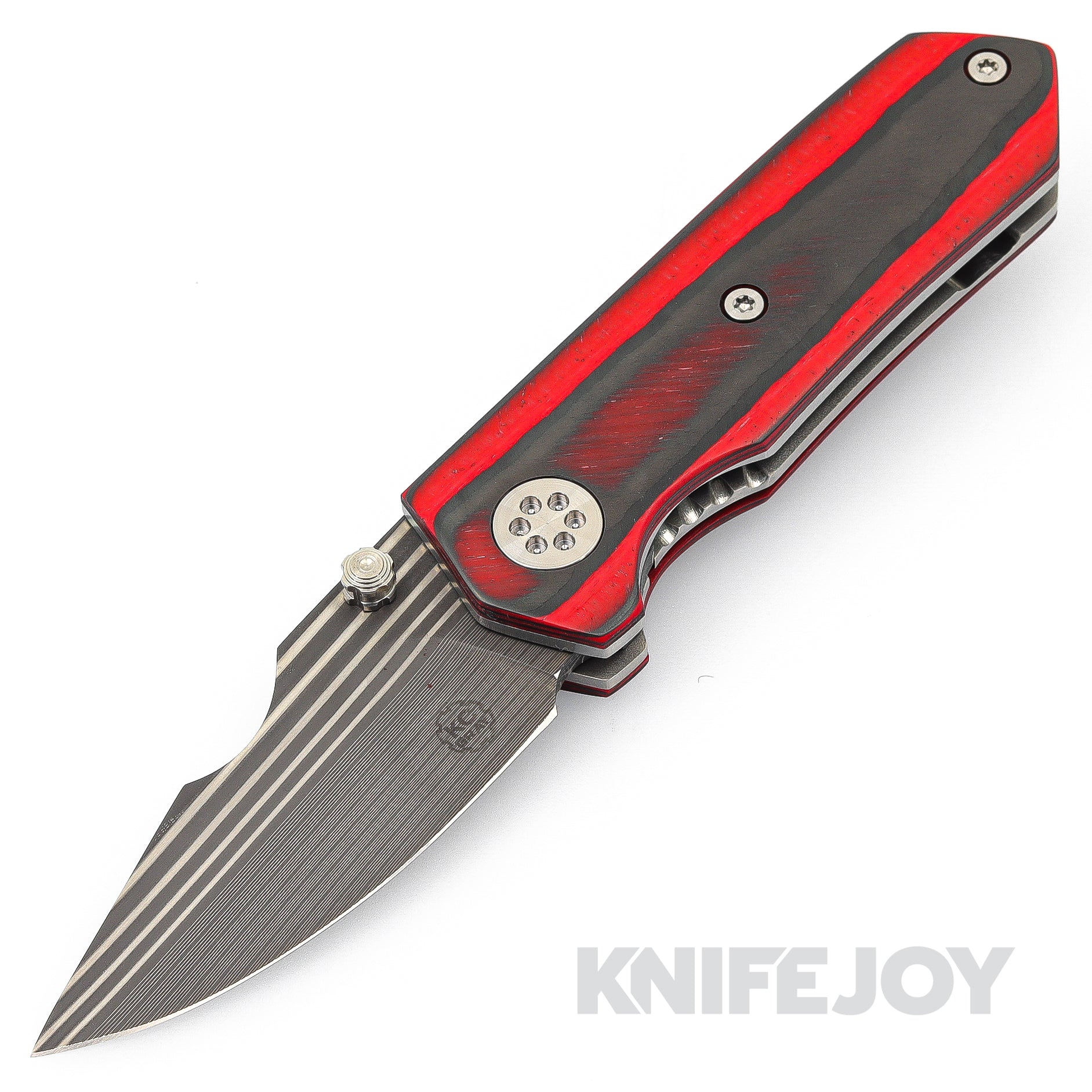 K.C. Gray Knives Custom Squeegee Nichols Bacon Damascus Blade with Red/Black CamoQuartz Scales