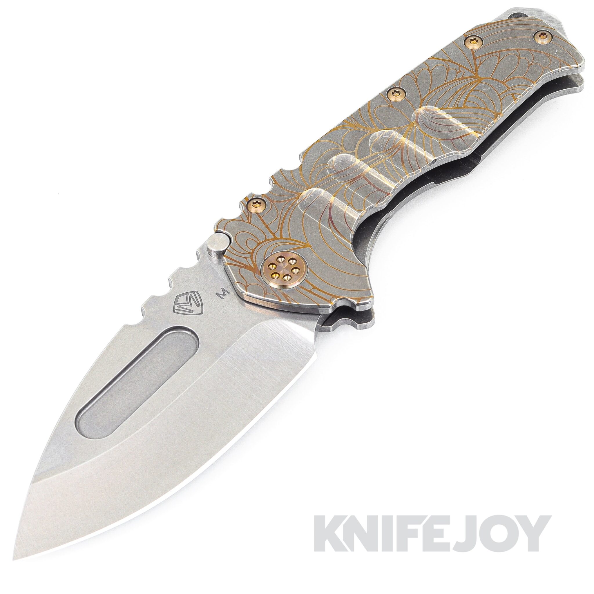 Medford Knives Praetorian "T" Magnacut Tumbled Drop Point Blade with Tumbled Bronze Laurel Leaf Handles/ Dark Brass/ Brz Hardware and Clip