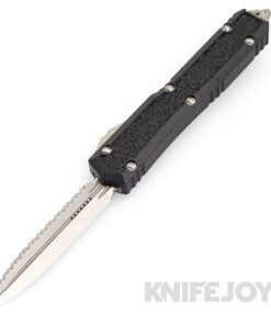 MICROTECH 206-12S Makora Double Edge OTF Auto Signature Series Stonewash Full Serrated Blade with Nickel Boron Interals/ Black Grip Aluminum Handles