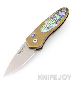 Pro-tech Knives 2022 Sprint Custom 001 Automatic Stonewash Blade with Bronze Ano Titanium Handle/ Abalone Inlays and Button/ Blue Titanium Clip