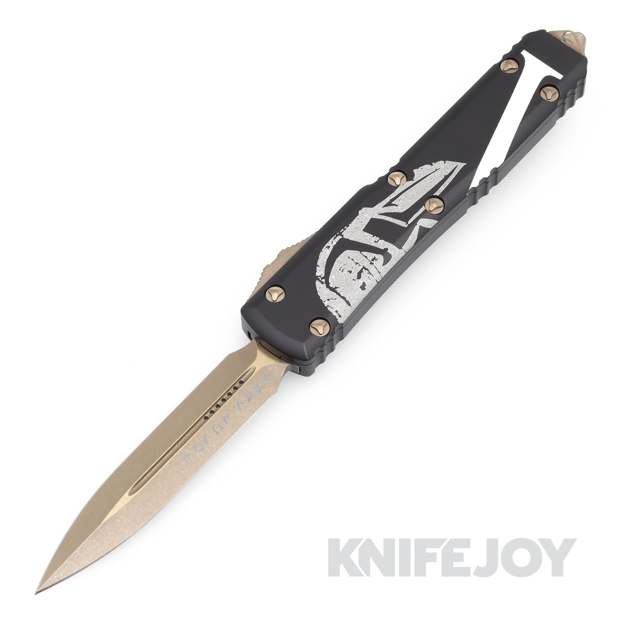 MICROTECH 122-13MLS Ultratech Signature Series OTF Auto Double Edge Molon Labe Bronze Apocalyptic Blade with Black Aluminum Handles
