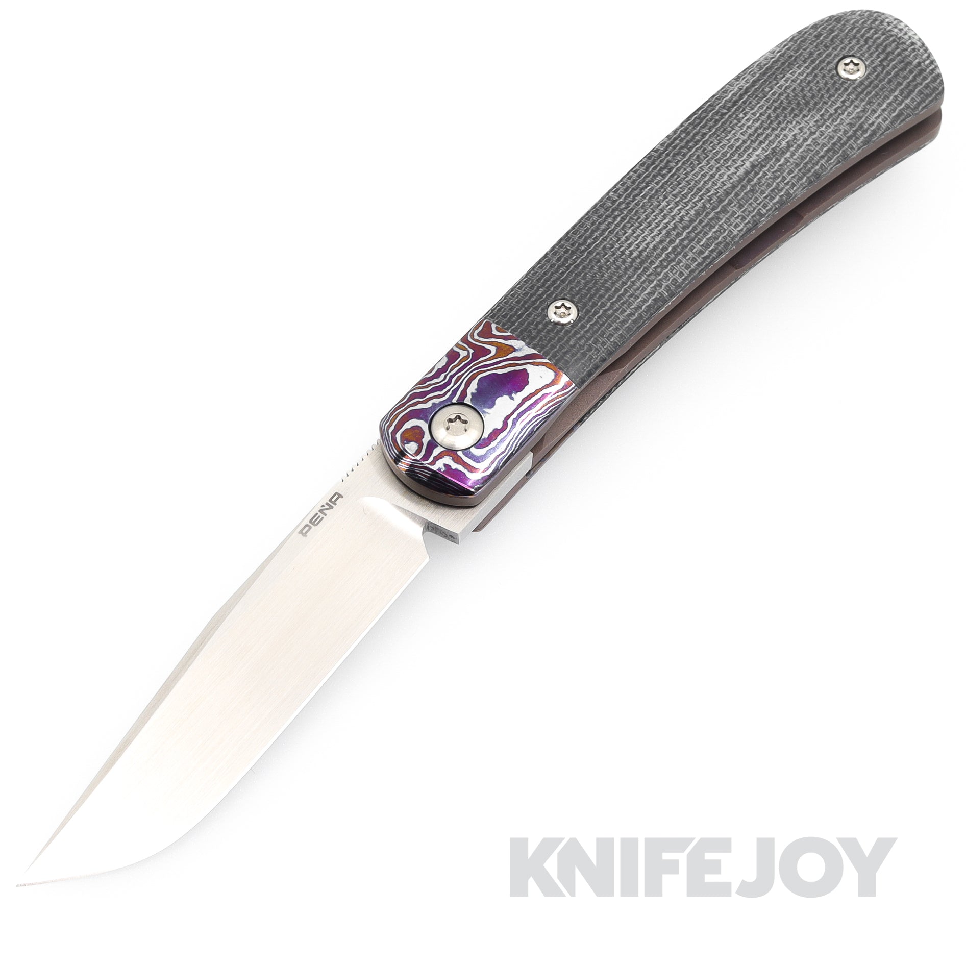 Enrique Pena Custom Front Flipper Trapper with Denim Micarta Handles/ Mokuti Bolsters and Clip