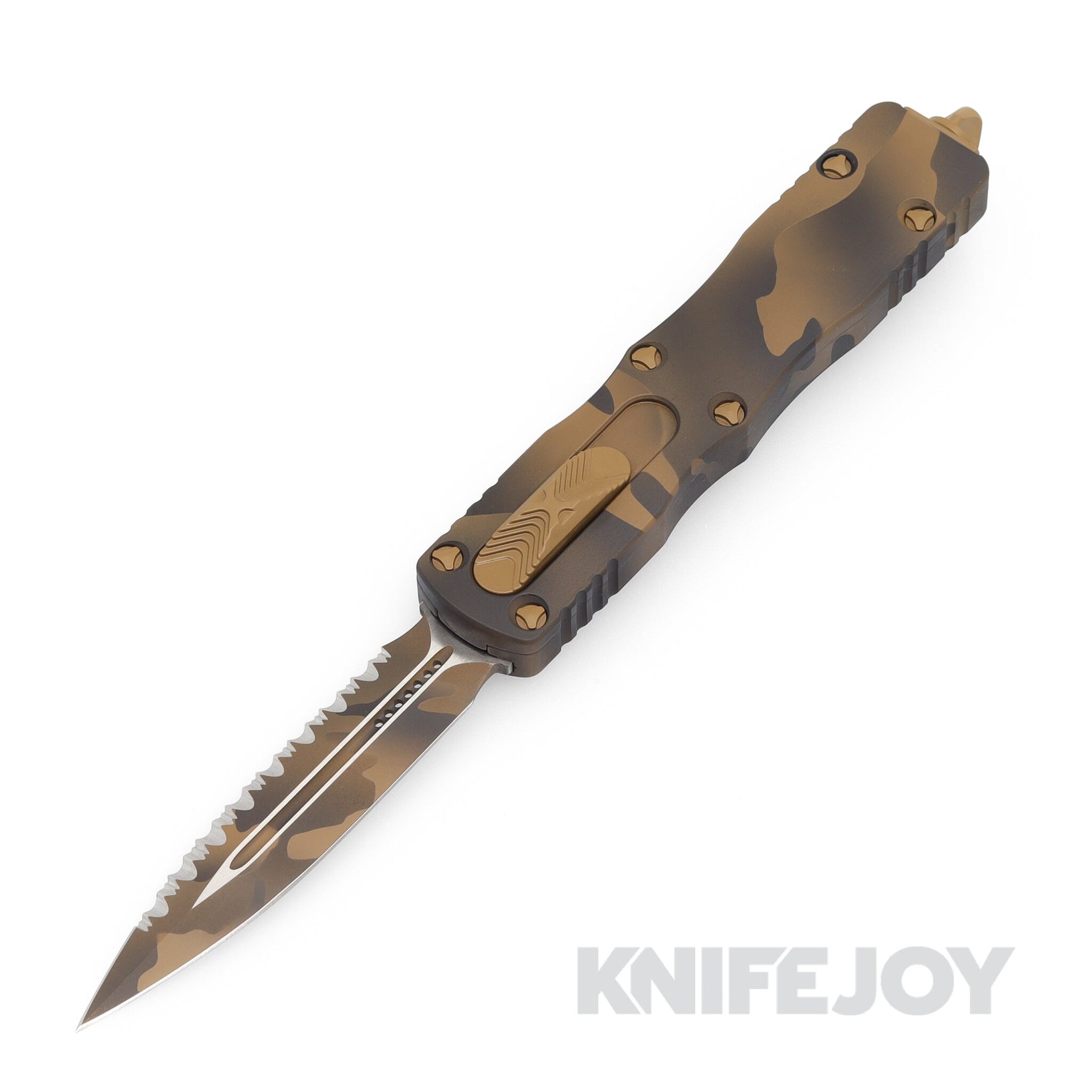 MICROTECH 225-3CCS Dirac OTF Auto Signature Series Double Edge Coyote Camo Full Serrated Blade with Coyote Camo Aluminum Handles