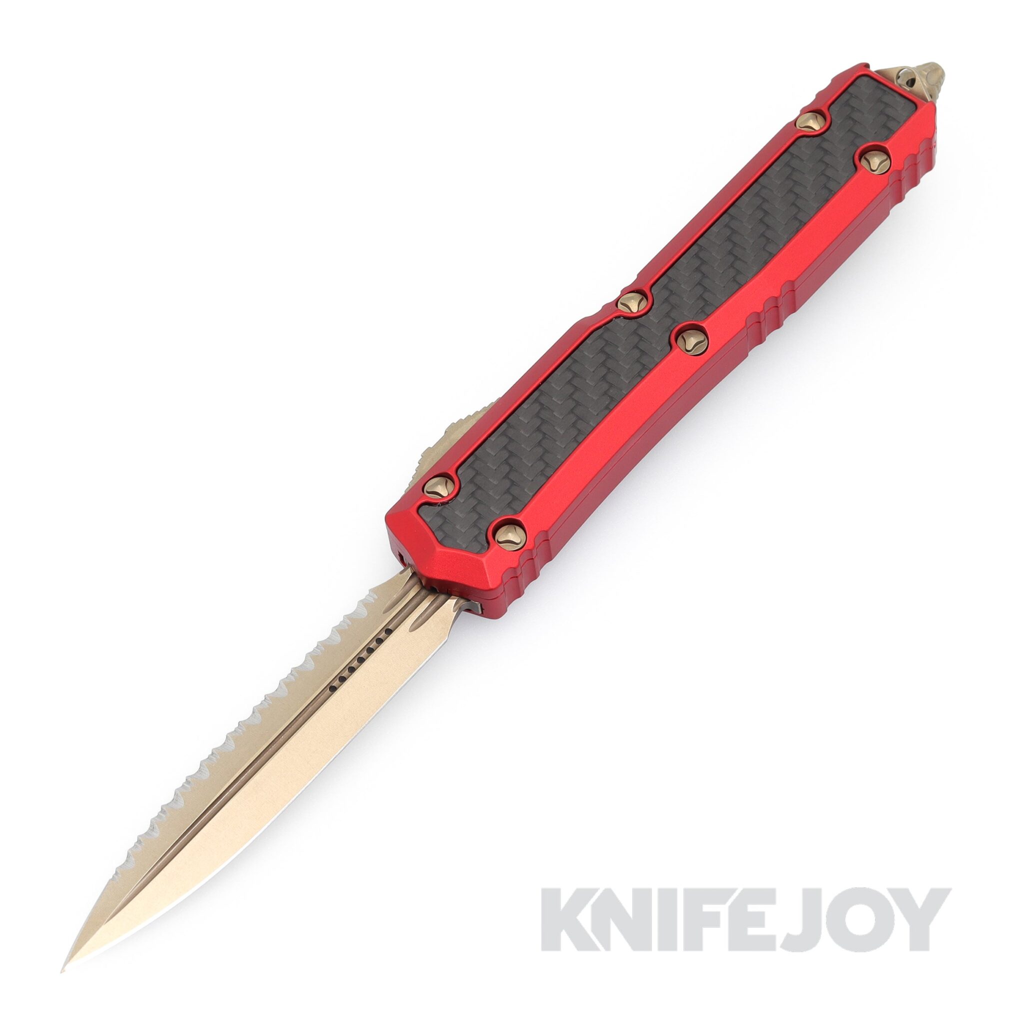MICROTECH 206-15RDCFIS Makora Double Edge OTF Auto Signature Series Bronzed Full Serrated Blade with Nickel Boron Internals/ Carbon Fiber Inlay/ Red Aluminum Handles