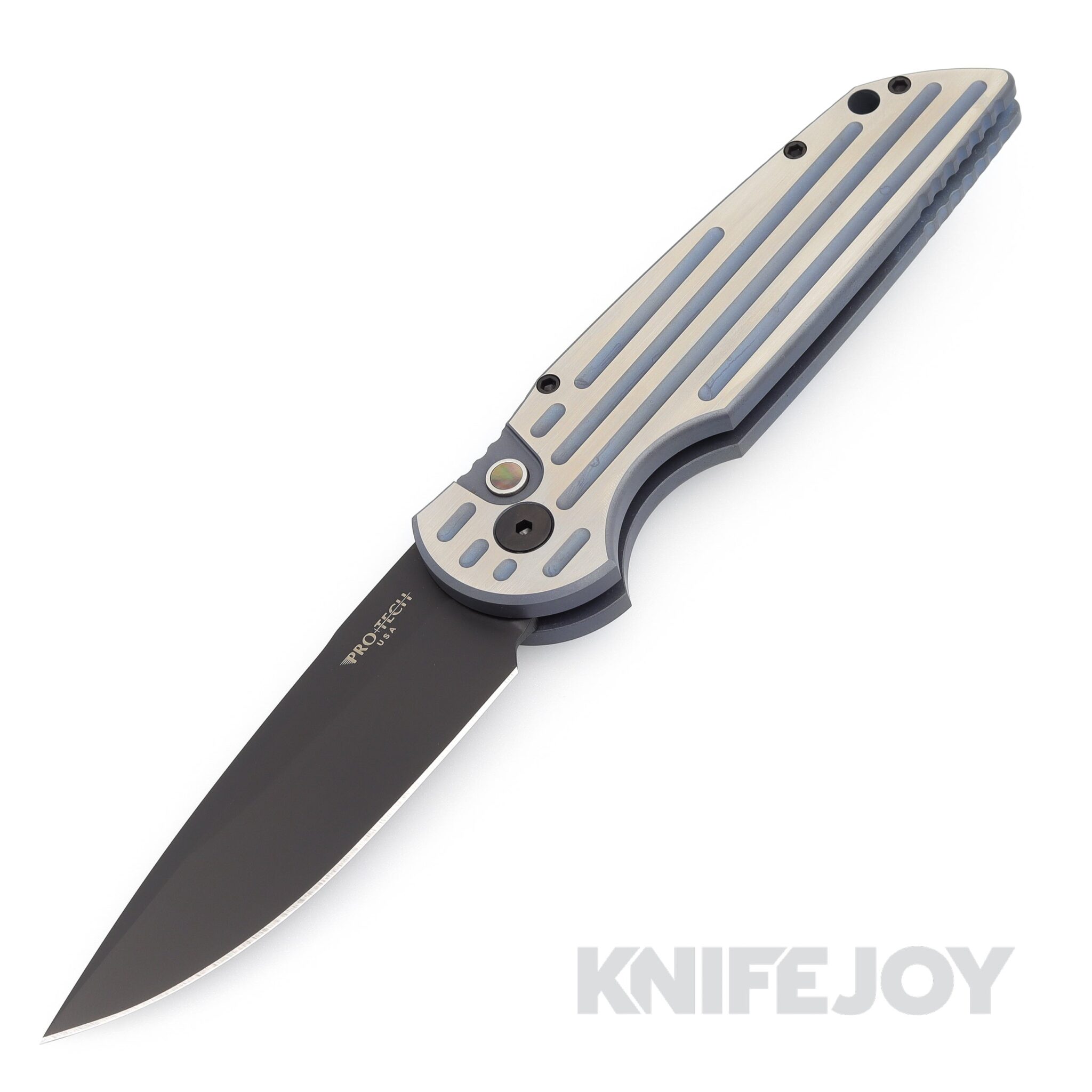 Pro-tech Knives PTTR-3.006 Tactical Response 3 Custom Titanium 2022 DLC Black 154CM Blade with 2-Tone Matte Grey/Blue Titanium Frame with Grooves/ MOP Button