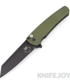 Pro-tech Knives PT.KJoy.Malibu.01 Malibu Flipper Grinch Lasered Reverse Tanto CPM-20CV DLC Blade with Green Textured Handles/ Black Lip Pearl Button