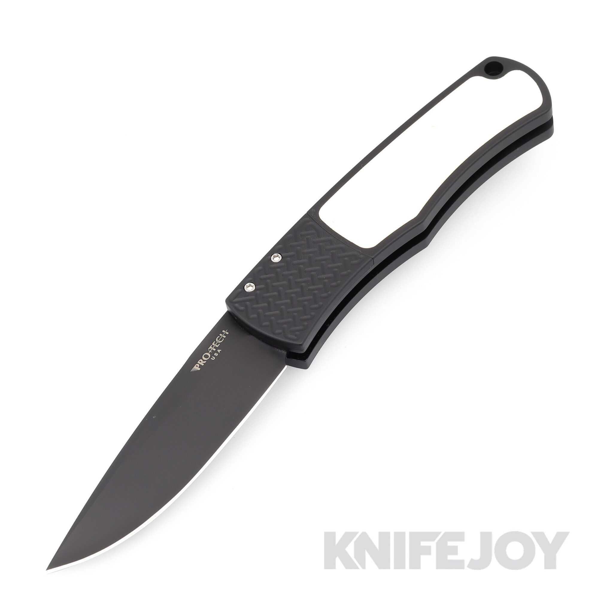 Pro-tech Knives PTBR-1.52 Auto Magic Whiskers DLC Coated 154-CM Blade with Bolster Release#1 Textured/ Tuxedo Black Handle with Ivory Micarta Inlay