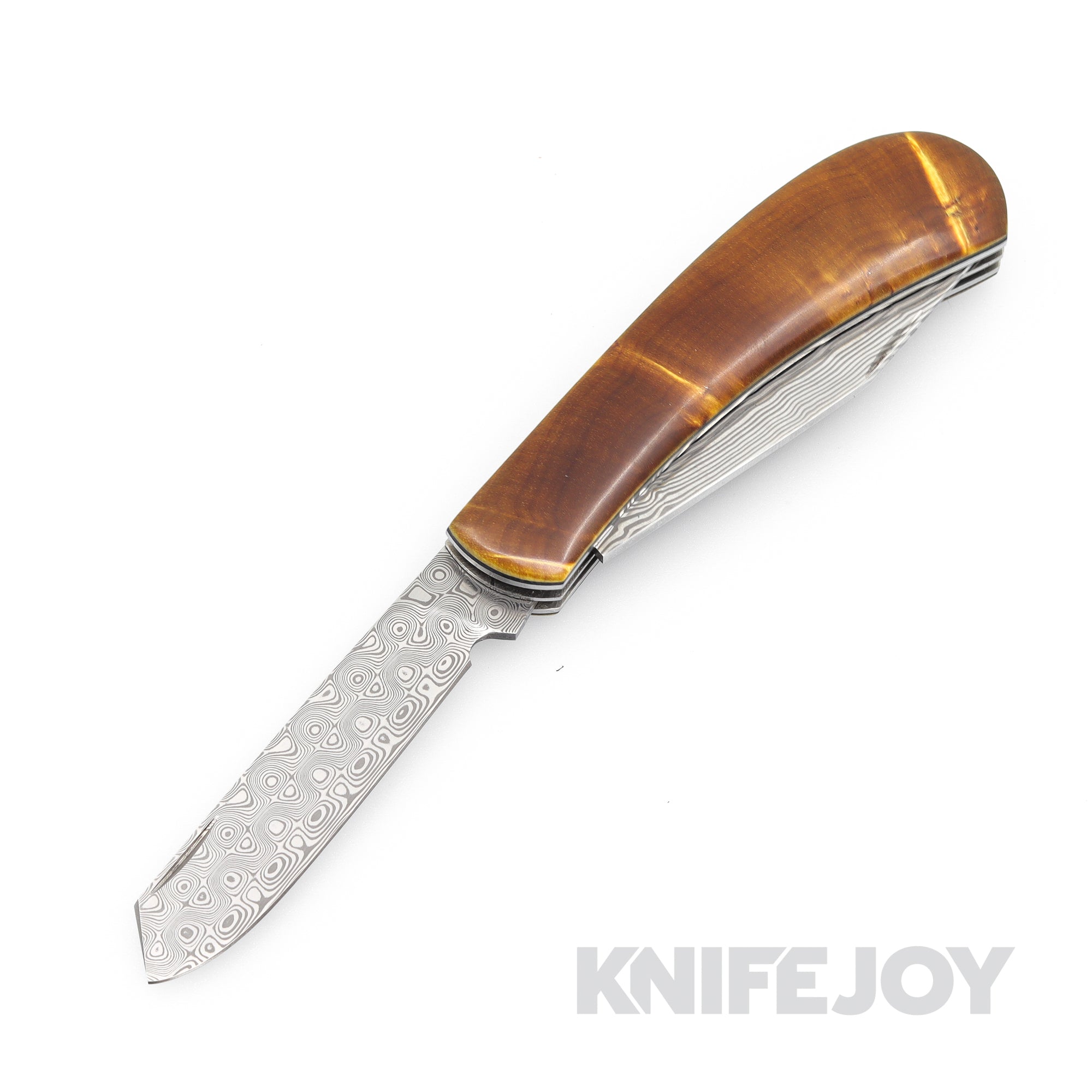 Tinus Stone STONE153 Two Blade Trapper SlipJoint Vinland/ Rose Pattern Damasteel with Butterscotch Karklan Birch Scales / Black Liners