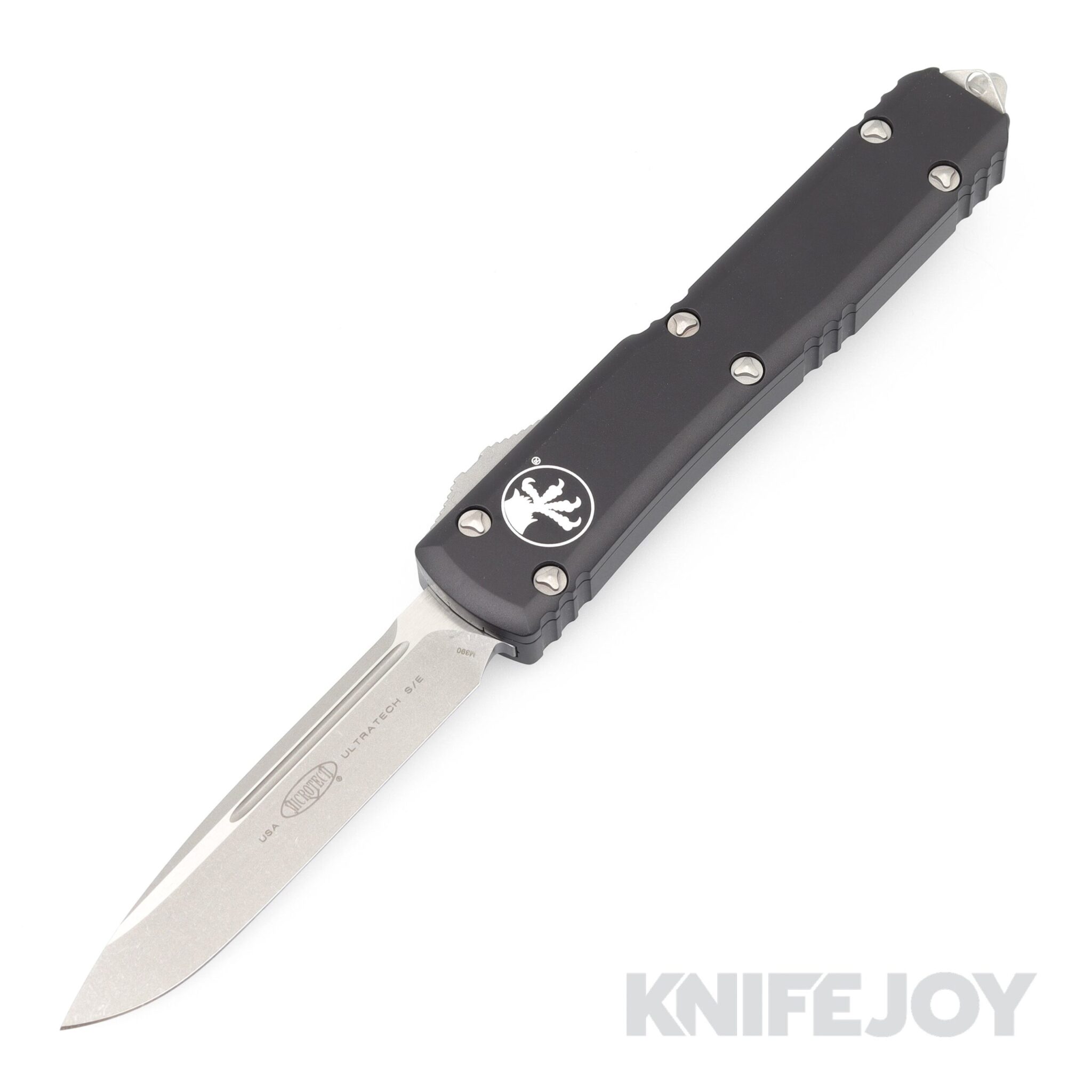 MICROTECH 121-10AP Ultratech OTF Auto Single Edge Stonewash Drop Point Apocolyptic Standard Blade with Black Aluminum Handles