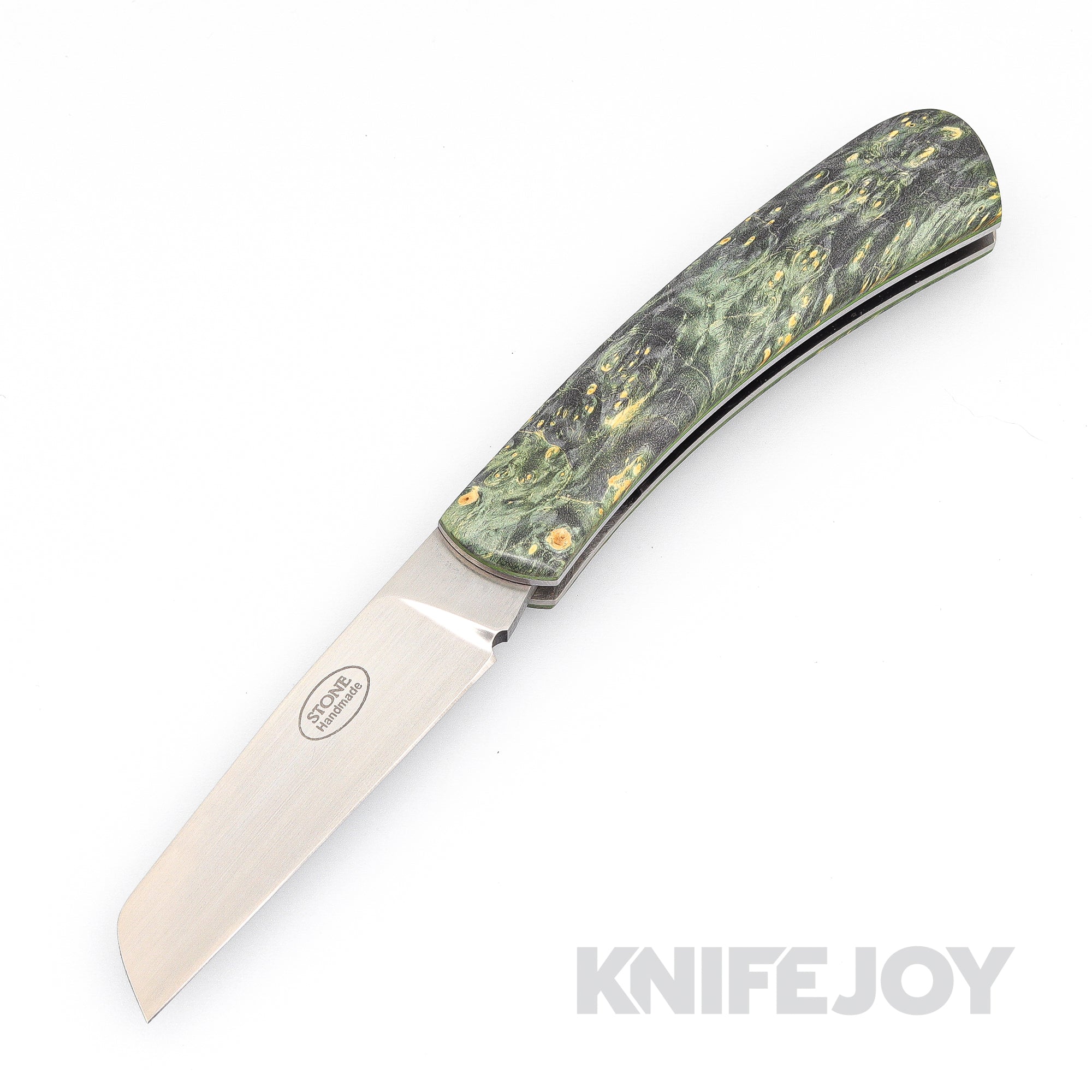 Tinus Stone STONE160 Modified Sheepsfoot Slipjoint with Green Dyed Maple Scales/ Neon Green Liners