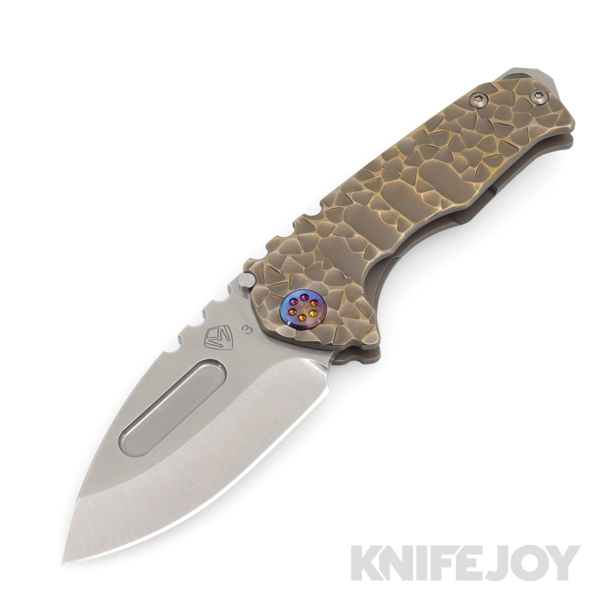 Medford Knives Praetorian Genesis "T" 3V Tumbled Drop Point Blade with Bronze Peaks & Valleys Handles/ Flamed Hardware and Clip
