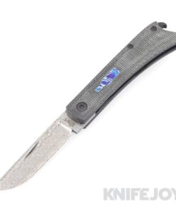 Esnyx Silver Line Beer Buster Jr. Front Flipper Damasteel Etched Finish Blade with Black PVD Titanium/ Black Micarta Handles/ Mokuti Titanium Bottle with Mokuti Clip