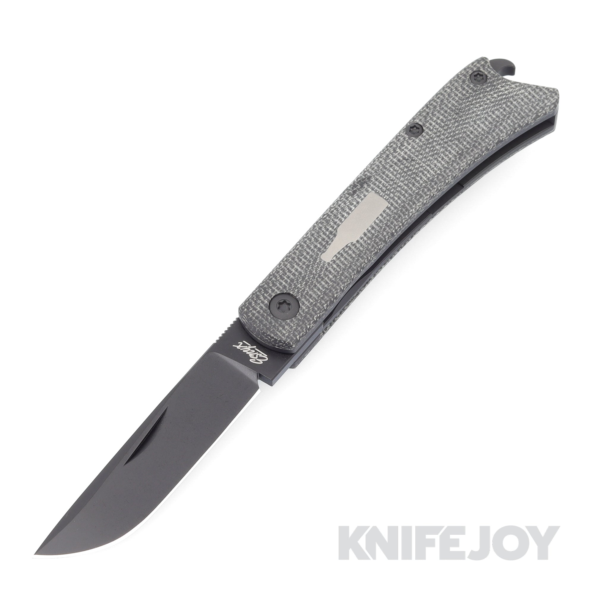 Esnyx Silver Line Beer Buster Jr. Front Flipper M390 Black PVD Finish Blade with Black PVD Titanium/ Black Micarta Handles/ Blasted Titanium Bottle with Mokuti Clip