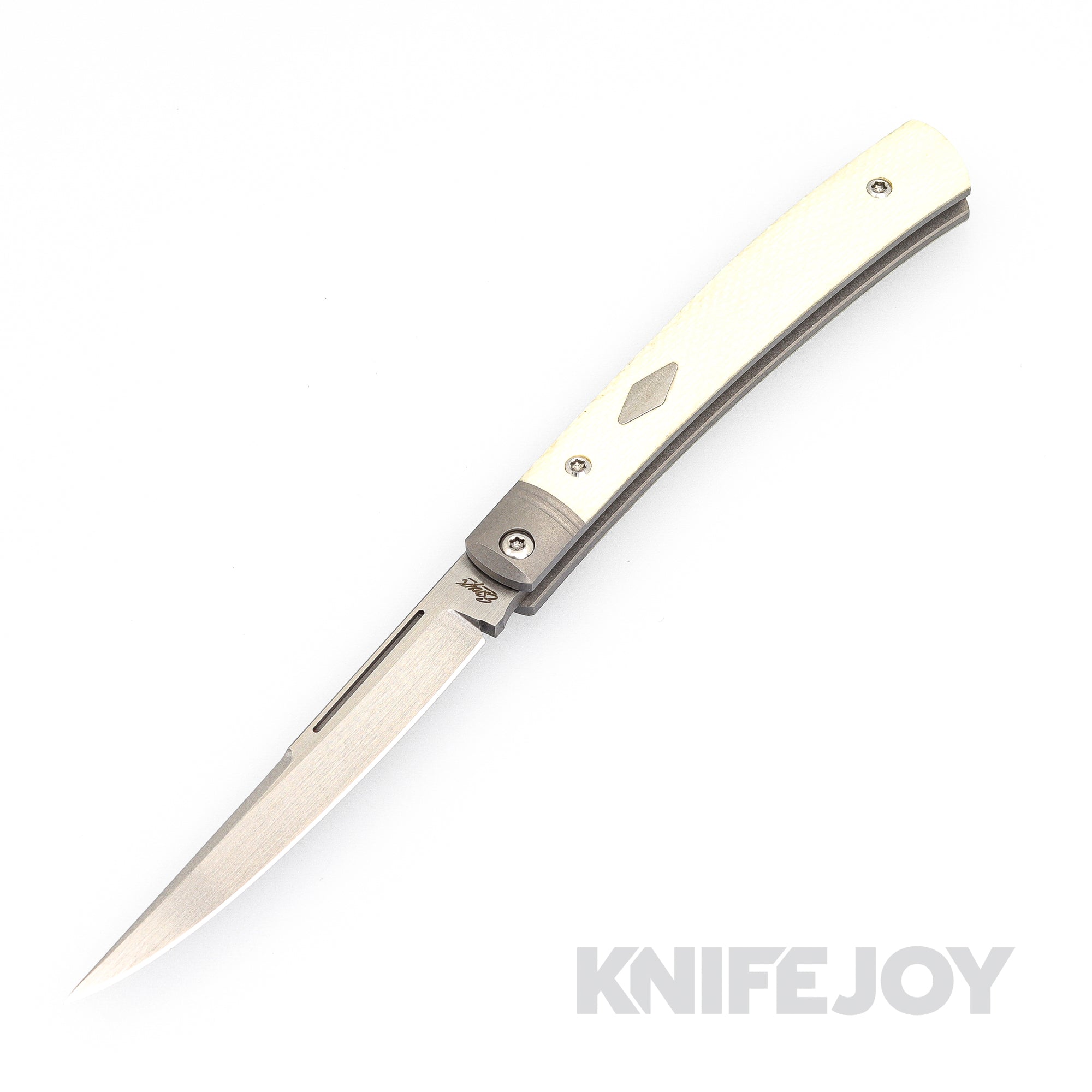 Esnyx Silver Line Barracuda Slipjoint M390 Hand Rubbed Satin Finish Blade and Bead Blast Titanium Liners with Integral Bolsters, Ivory G-10 Textured Handles with Satin Diamond Inlay