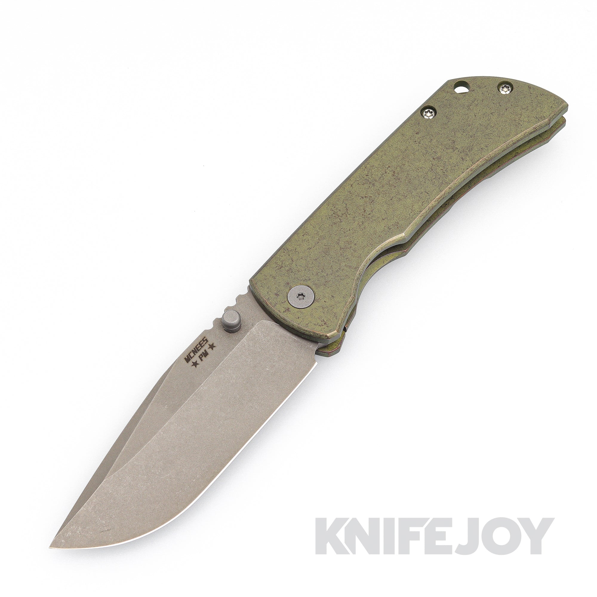 McNees Knives PM Mac2 3.5" Matte Stonewash Magnacut Blade and Matte Atomic Green/Bronze Handles