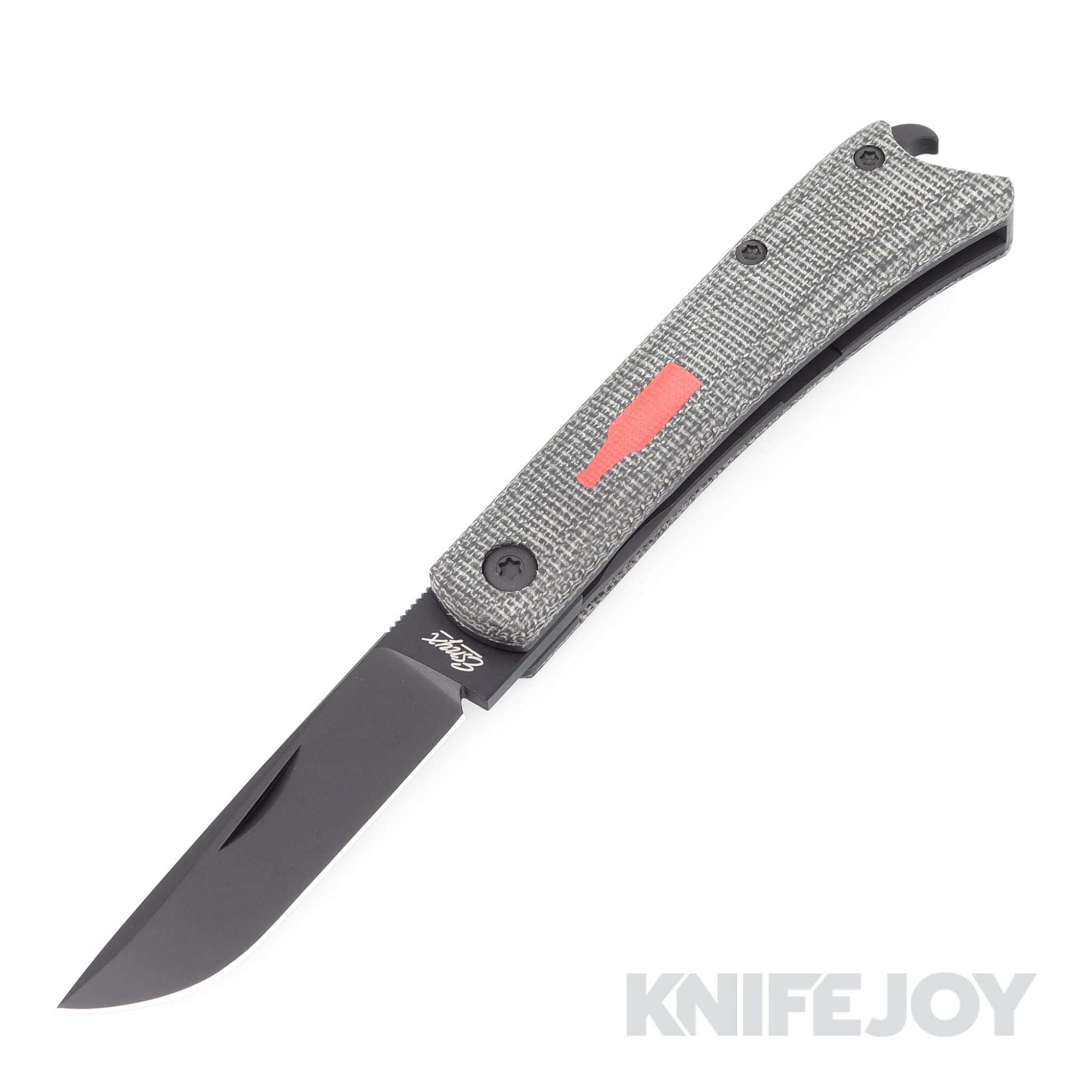 Esnyx Silver Line Beer Buster Jr. Front Flipper M390 Black PVD Finish Blade with Black PVD Titanium/ Black Micarta Handles/ Red G10 Bottle with PVD Clip