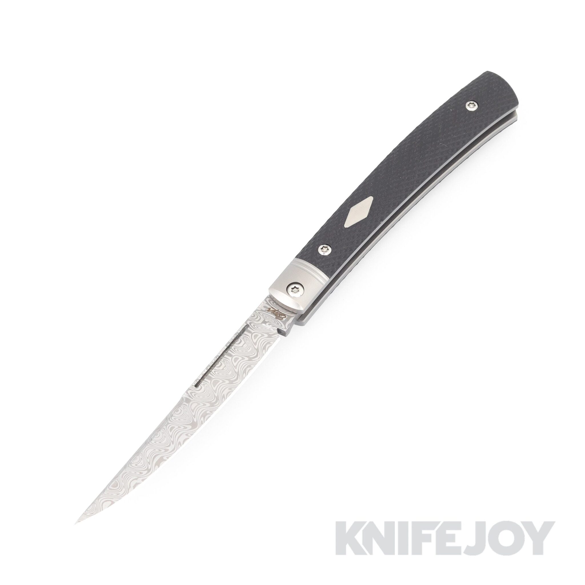 Esnyx Silver Line Barracuda Slipjoint Damasteel Etched Finish Blade and Bead Blast Titanium Liners with Integral Bolsters, Black G-10 Textured Handles with Satin Diamond Inlay
