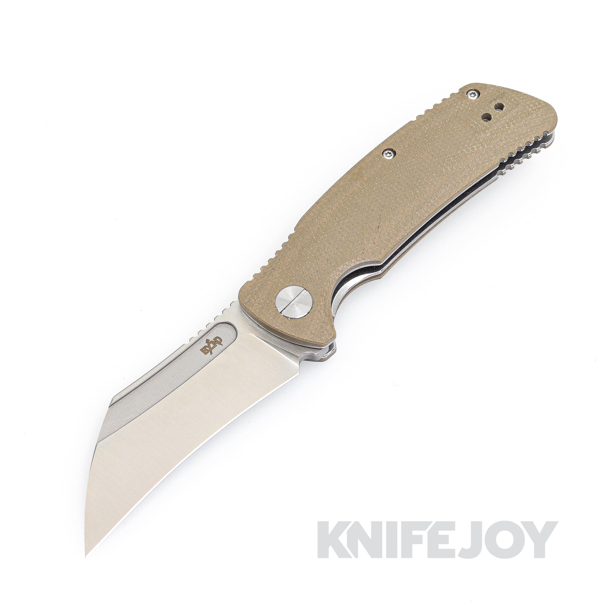 B'yond EDC BEDC2102-SA Dirk Pinkerton Garra Folder Satin Plain Blade with Tan Micarta Handles