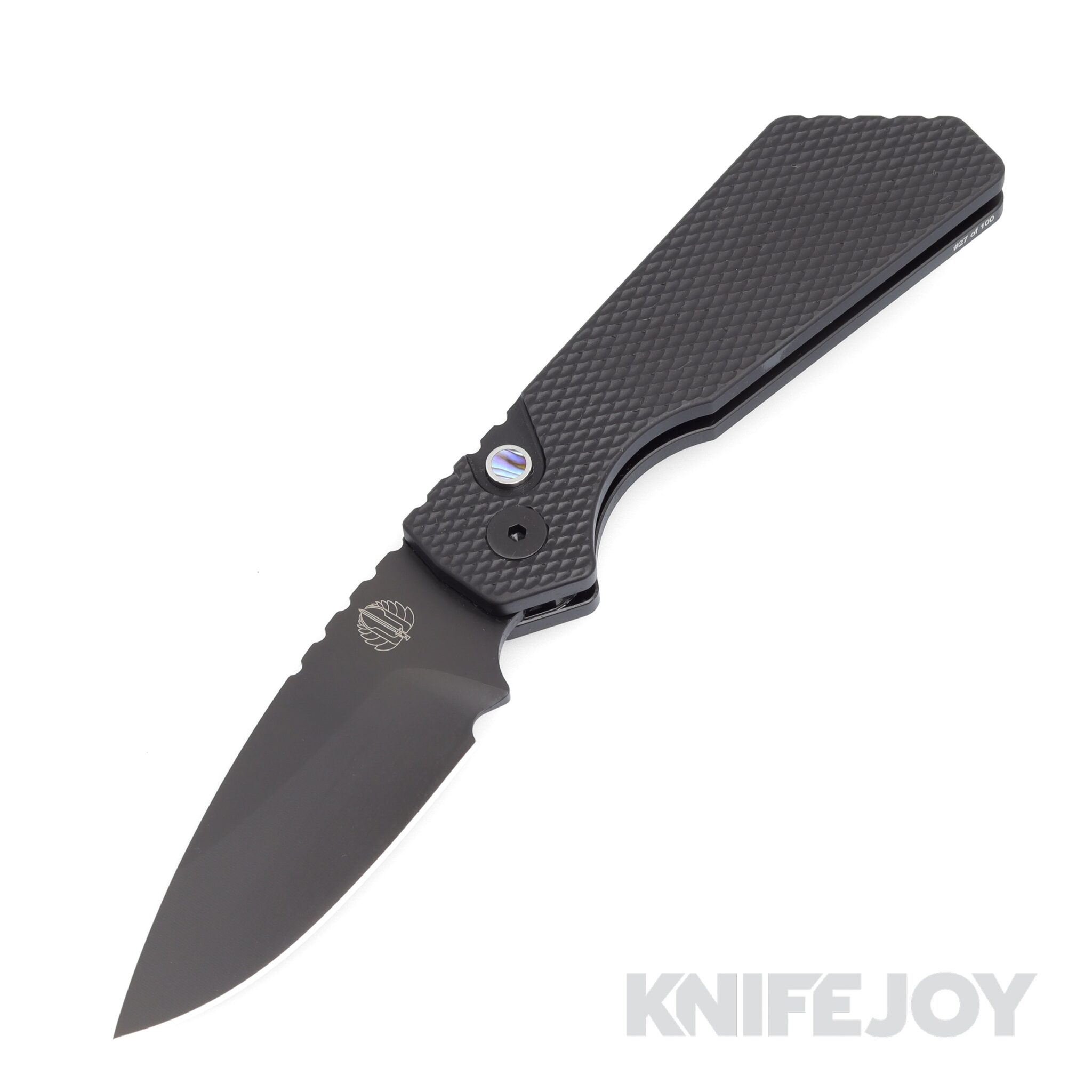 Pro-tech Knives PTStriderPT+ Custom Auto Pro-Strider Texas Blade Show 2023 DLC Black Magnacut Blade with Textured Black Handle Handles/ Abalone Button/ Black Hardware