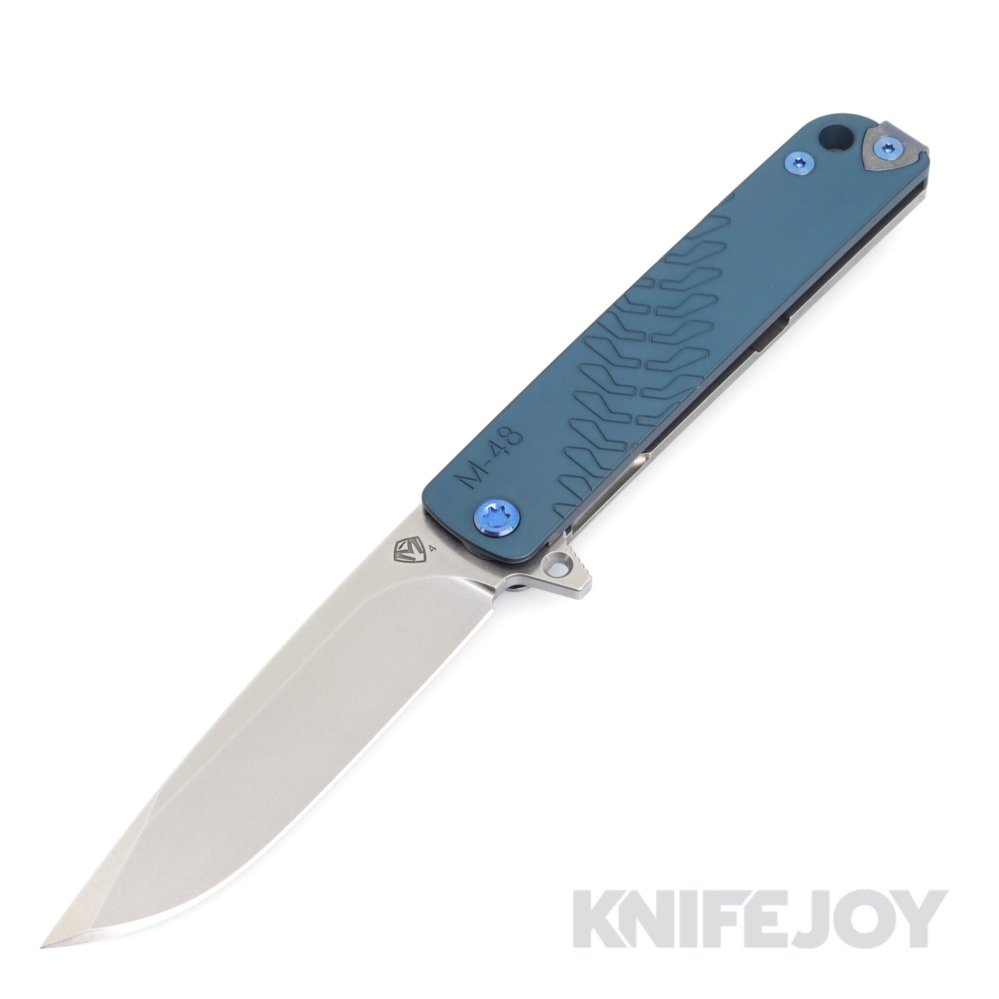 Medford Knives M-48 S45VN Tumbled Blade with Blue Handle/ Tumbled Spring/ Blue Hardware/ Blue Clip - Display model. Comes with all packaging.