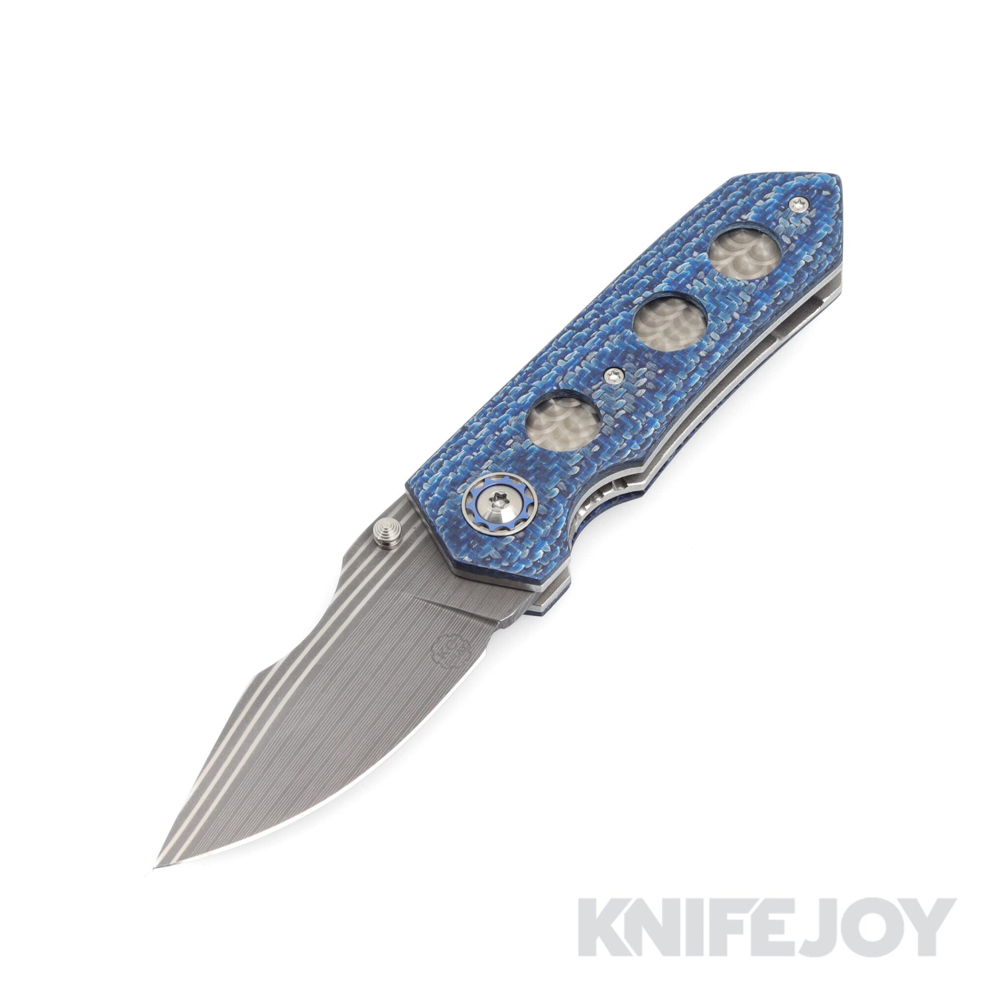 K.C. Gray Knives Custom Squeegee Chad Nichols Bacon Blade with Blue Twill Scales/ Jeweled Windows and Titanium Clip