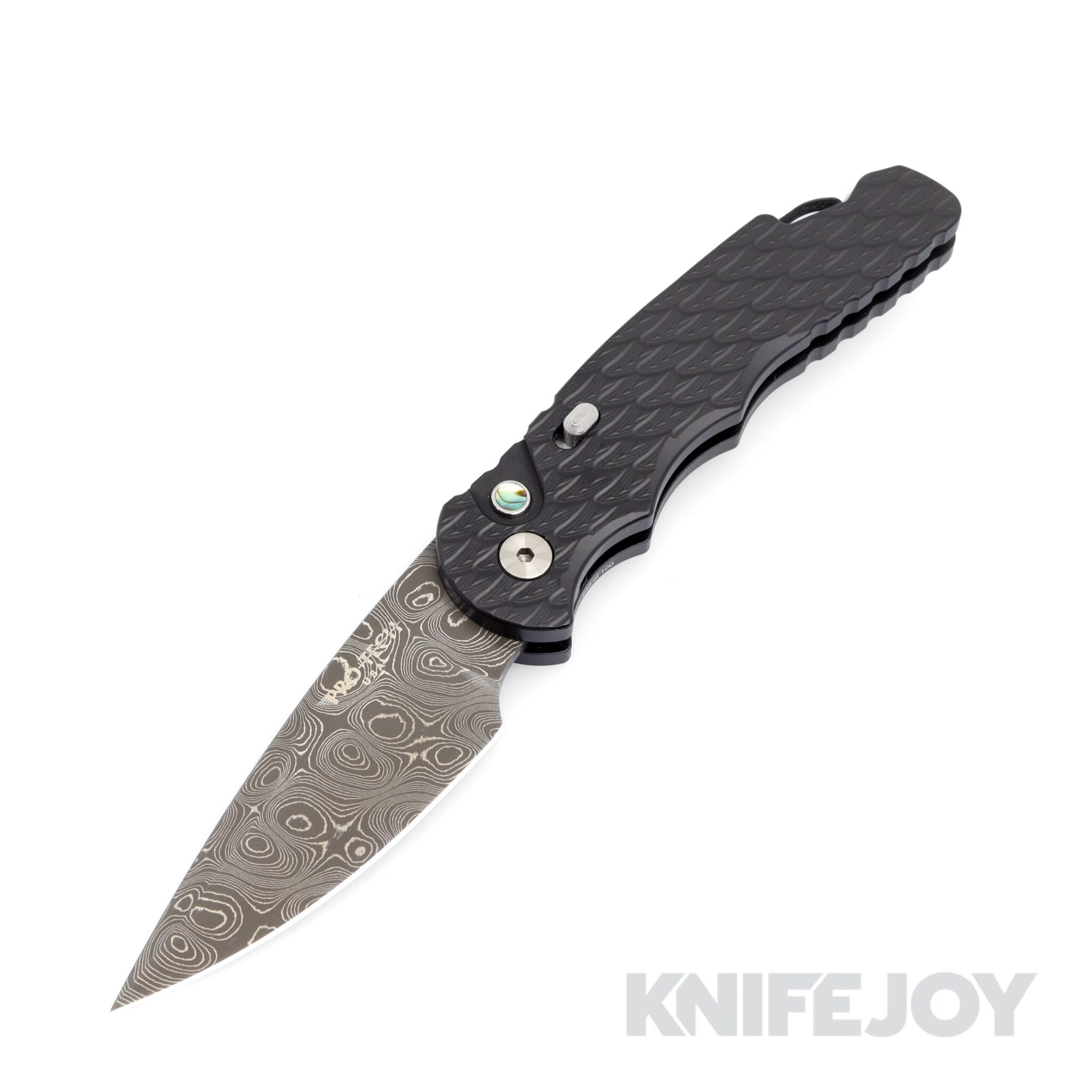 Pro-tech Knives PT-T530-DAMA Auto Tactical Response 5 Nichols Damascus Blade with Feather Textured Black Aluminum Handles/ Abalone Button/ Satin Hardware Knife