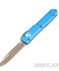 MICROTECH 121-13APBL Ultratech OTF Auto Single Edge Bronzed Apocalyptic Standard Blade with Blue Aluminum Handles